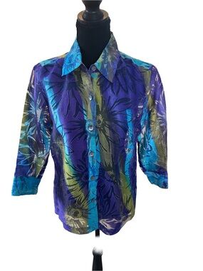 🌸 Choices Petite PM Purple Green Blue Rayon Linen Floral Button‑Front Blouse